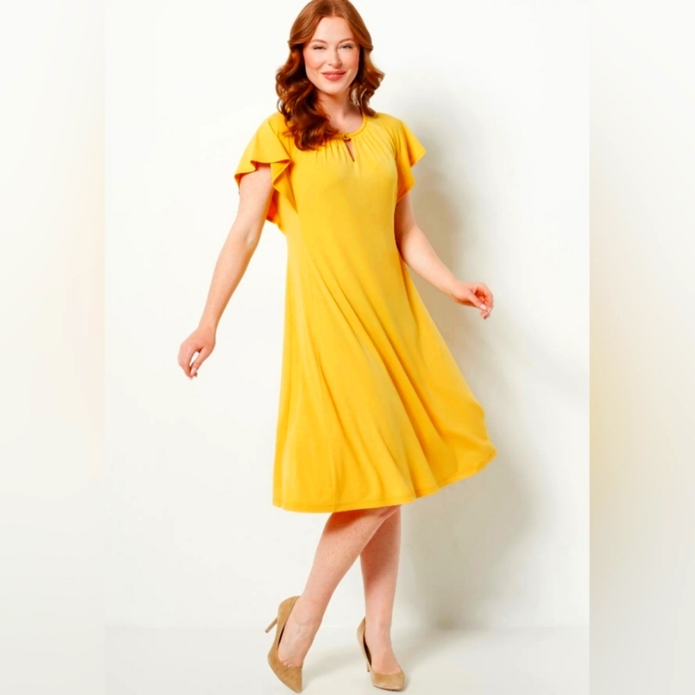 New! Susan Graver Regular Liquid Knit Flutter Sleeve Dress W Keyhole